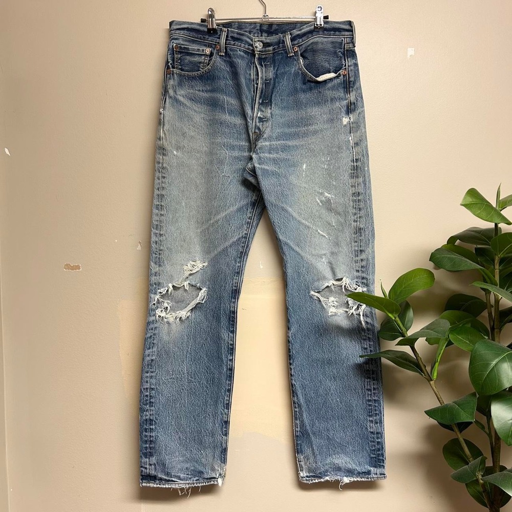 Vintage 90s Levis 505 Faded Distressed Button Fly Straight Leg Jeans 34x32